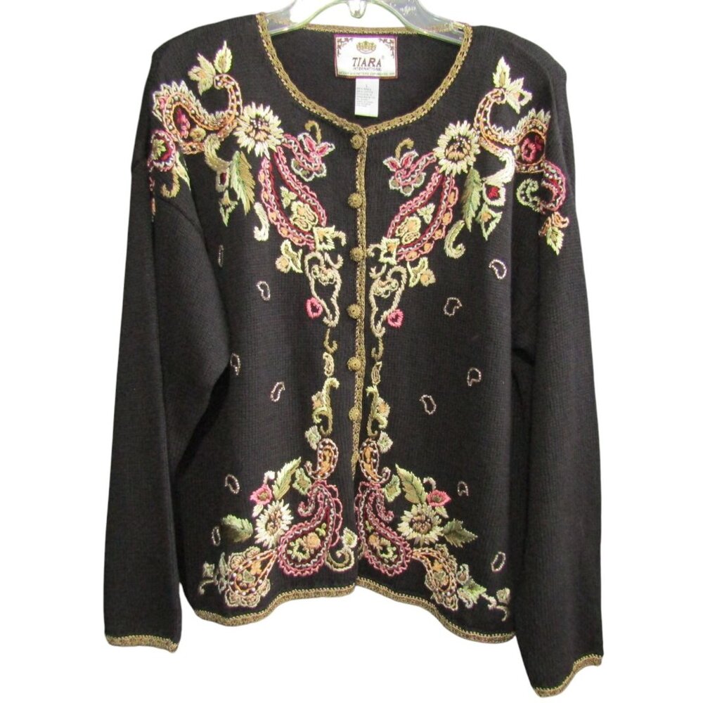 Vintage Tiara International Cardigan Sweater L Black Embroidered Beaded 1999
